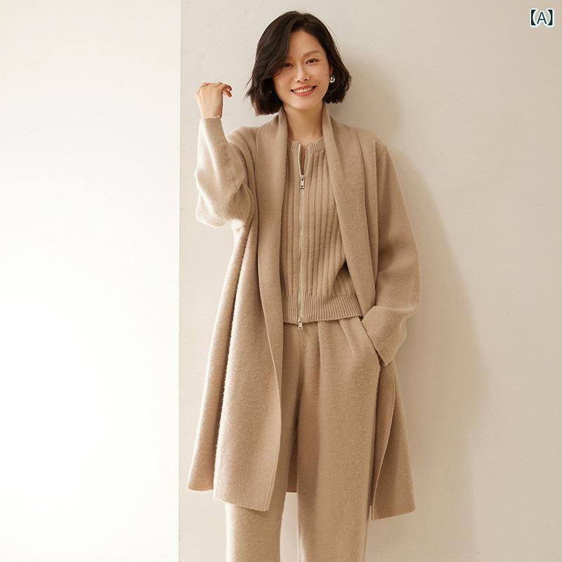 編み物ジレー レディース 秋冬 カシミール 羊毛雑ぜ合わせる ロング丈 ゆったり 伸び伸びする相応う 朦々たる アウター 羽織り 飛び切り感 グレージュ 白いこと 薄墨色