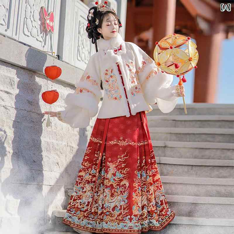 漢服 レディース 歳寧 オリジナル 明代スタイル 改良 厚手 秋冬 防寒 新年 正月 馬面スカート 伝統民族衣装 華やか 刺繍 動物柄 広袖 上品な装い