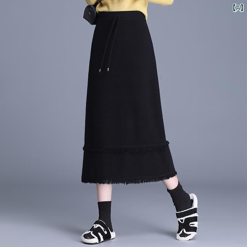 スカート レディース 女性用 秋冬 ウール 羊毛 混紡 ニット Aライン ハイウエスト ミディ丈 ミドル丈 着痩せ スタイルアップ 高弾性 着回し 万能 通勤 カジュアル 普段使い ブラック グレー