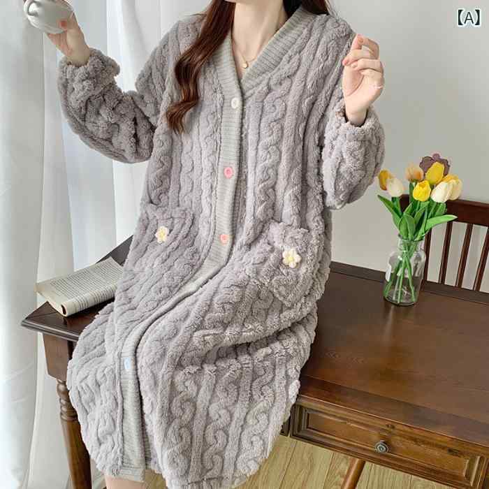 ルームウェア レディース 女性用 秋冬 コーラルフリース フランネル 花柄 ジャガード Vネック 裏起毛 厚手 あったか 暖かい 部屋着 ナイトドレス バスローブ ガウン パジャマ 快適 グレー