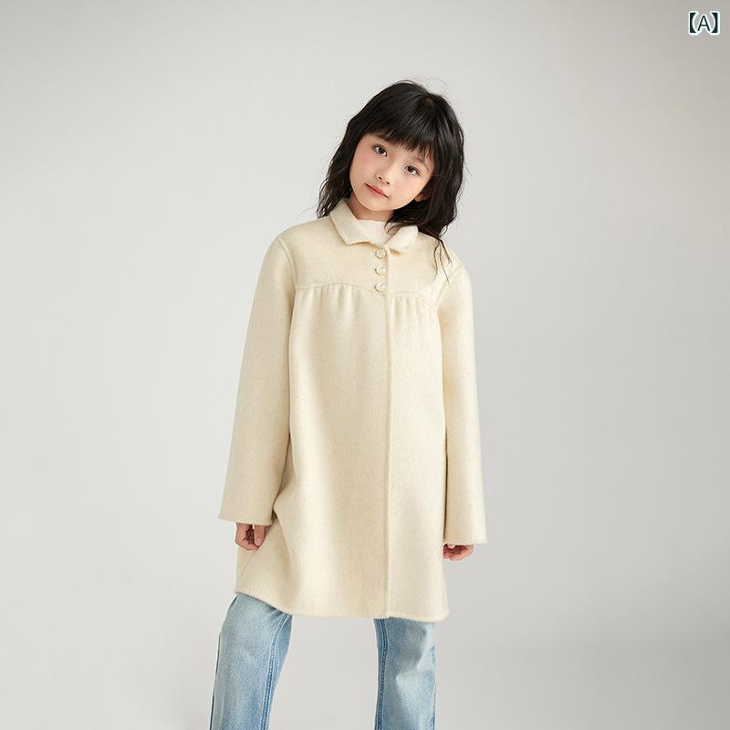 厚地の外套 御姉さん ガールズ キッズ 赤ちゃん ダブル人間の顔 羊毛 メルトン出どころ 襟付き添い人 テーラード シングル名取り草 朦々たる あったか 防寒 真っただ中丈 無地 長袖 ベージュ 象牙色 秋冬 お出かけ 普段使い走り 通学
