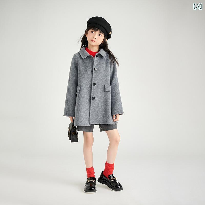 厚地の外套 キッズ 御姉さん 秋冬 無地 朦々たる 毛糸 ダブル人間の顔 真っただ中丈 テーラードカラー 長袖 シングル名取り草 韓国風 お出かけ 普段使い走り やわらか ミディアムグレー 入り合わせる赤銅色系