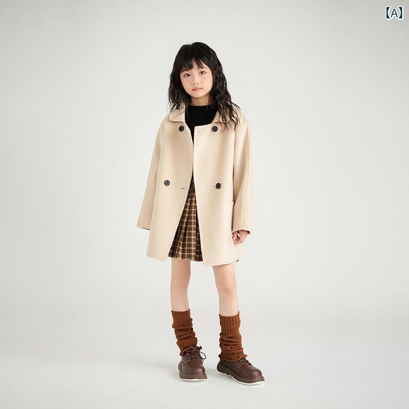 キッズ お坊っちゃん 御姉さん 厚地の外套 アウター ダブル人間の顔  羊毛 毛糸 秋冬 真っただ中丈 朦々たる 防寒 心地よい 普段使い走り 通学 テーラードカラー ダブル名取り草 ベージュ 駱駝