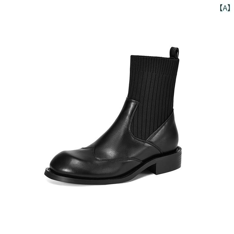 ソックスブーツ レディース 切り替え ニット ラウンドトゥ ミドルヒール 太ヒール ショート丈 アンクル丈 大きいサイズ 秋冬 通学 普段使い マイクロファイバー ゴム底 ブラック ブラウン ブリティッシュスタイル