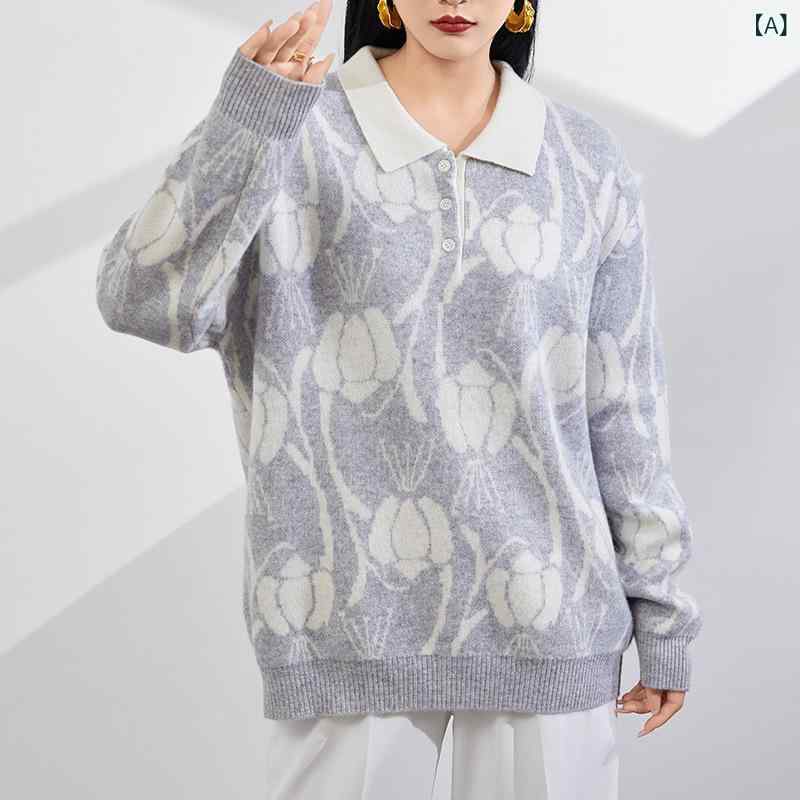 セーター レディース 女性用 カシミヤ ポロ襟 襟付き ダブルジャガード 配色 バイカラー 切り替え ゆったり ルーズ 厚手 肉厚 長袖 秋冬 グレー ベージュ 通勤 オフィス カジュアル 普段使い