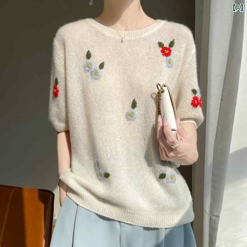 ニット レディース カシミヤ シルク 秋冬 薄手 刺・墸 花柄 ジャガード 半袖 トップス ゆったり オーバーサイズ 丸首 クルーネック プルオーバー きれいめ 上品 通勤 デイリーユース 10,515円
