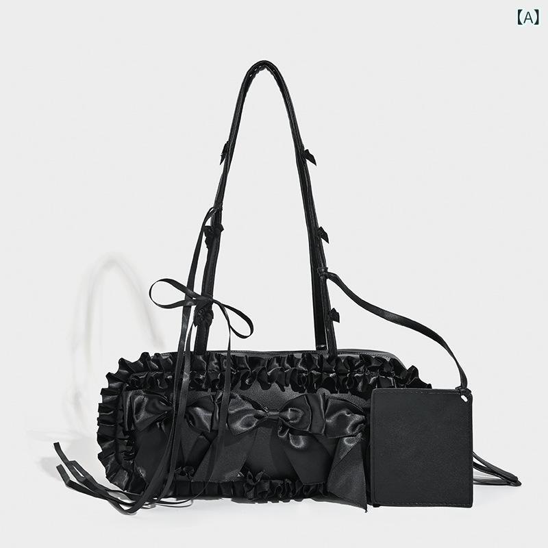 バッグ レディース 女性用 リボン プリーツ ギャザー ハンドバッグ ショルダーバッグ トートバッグ ボストンバッグ PUレザー ソフト 通勤 通学 普段使い デイリーユース 横型 スクエア ファスナー開閉 内ポケット スマホポケット ブラック 黒 秋冬