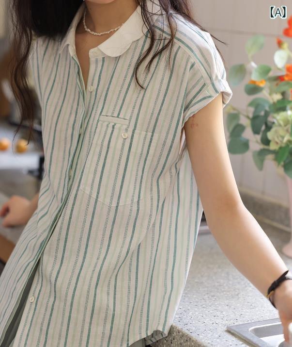 シャツ ブラウス レディース フレンチスタイル 夏物 半袖 ポロ襟 切り替え リネン 麻 コットン 綿 ポリエステル 上品 きれいめ 通勤 オフィス 着痩せ 細見え 高級感 ストライプ 白緑