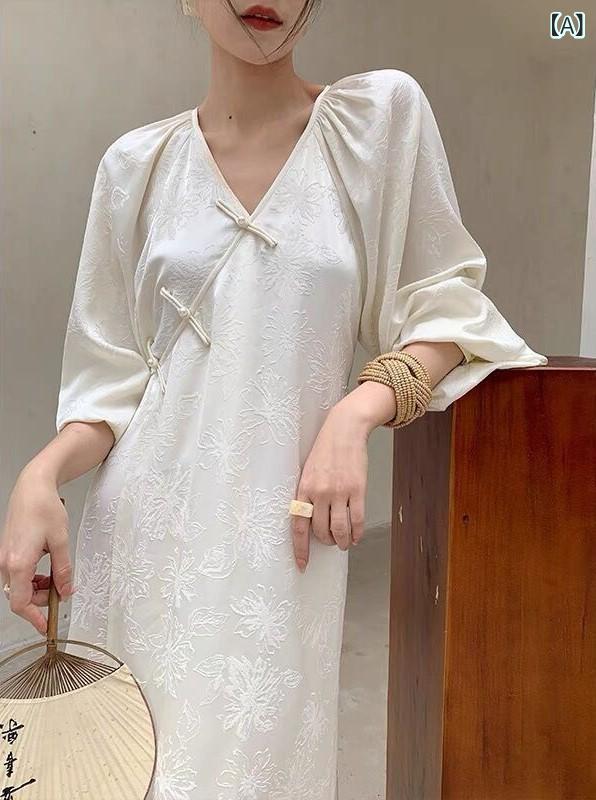 ワンピース レディース 新中華風 Vネック 長袖 ランタンスリーブ ロング丈 Aライン ハイウエスト 着痩せ 上品 エレガント おしゃれ 通勤 オフィス 春夏 綿混