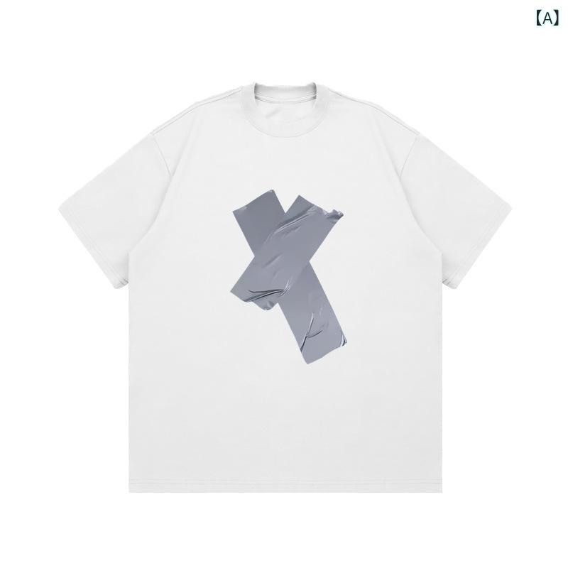 Tシャツ メンズ 春夏 ビッグシルエット ストリート系 おしゃれ テープグラフィックプリント ヘビーウェイト 通気性 コーマ綿 カジュアル 半袖 ルーズフィット 防シワ クルーネック ユニーク 着回し トップス