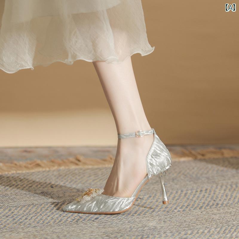 パンプス レディース ポインテッドトゥ カットアウト アンクルストラップ 細ヒール 6-8cmヒール セクシー PUレザー シルバー シャンパンゴールド 春夏秋 普段使い