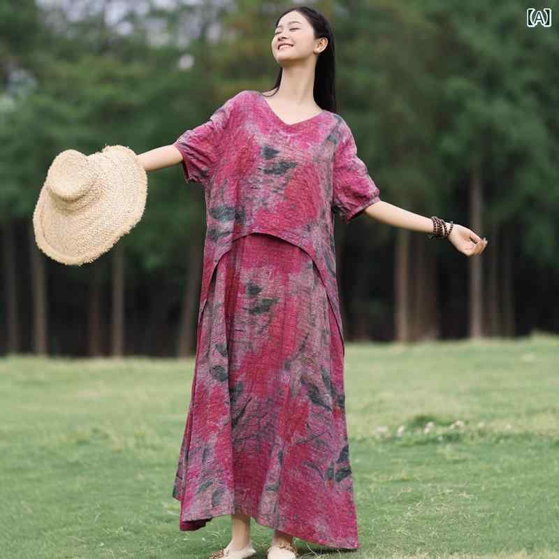 ワンピース 軽量 薄手 竹繊維綿ブレンド 抽象花柄プリント ゆったり 普段使い Vネック 半袖 切り替え ロング丈 マキシ丈 レトロパープルレッド オフィス カジュアル エレガント 夏