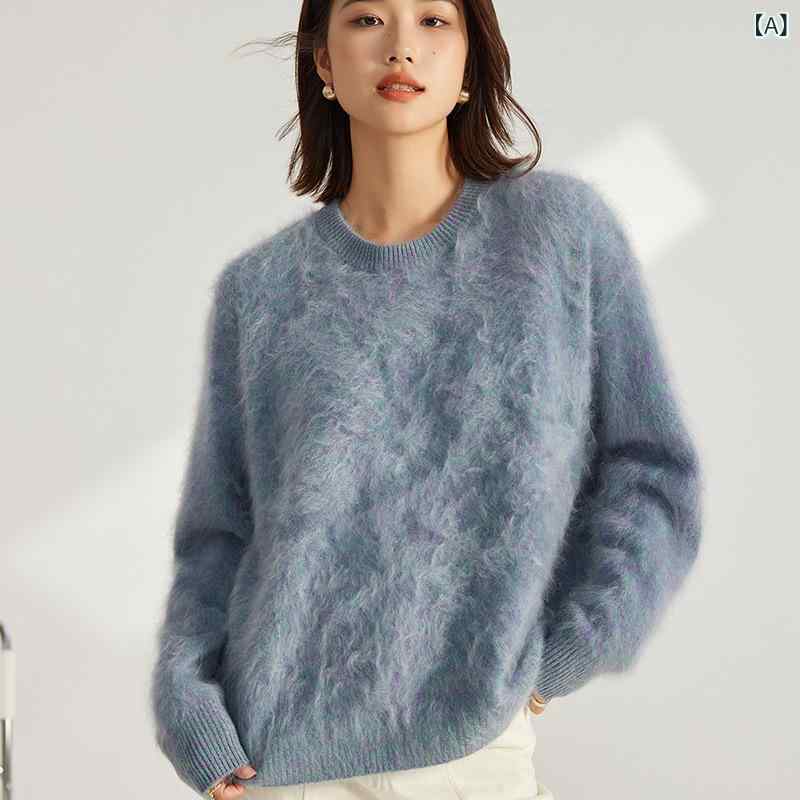 セーター レディース ピュアカシミヤ 起毛 クルーネック 長袖 プルオーバー ゆったり 無地 秋冬 高級感 暖か 快適 上品 オフィス 通勤 普段使い ミストグリーン ダスティピンク
