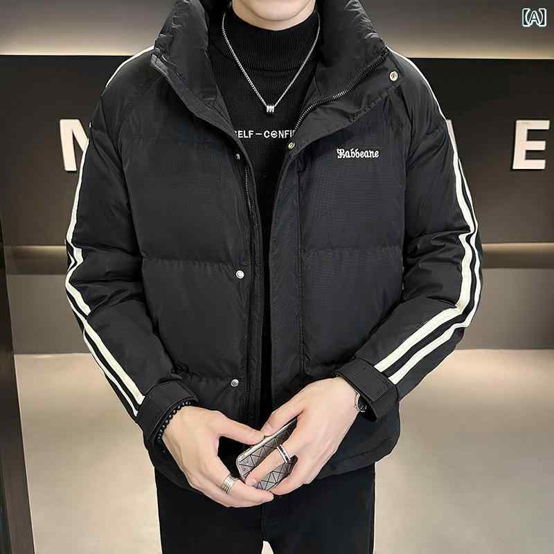 ダウンジャケット メンズ 男性用 秋冬 スタンドカラー プリント カジュアル アウター ストライプ柄 厚手 防寒 保温 ホワイトダックダウン 透湿 吸汗 速乾 ダウン抜け防止 普段使い 通勤通学 ブラック カーキ