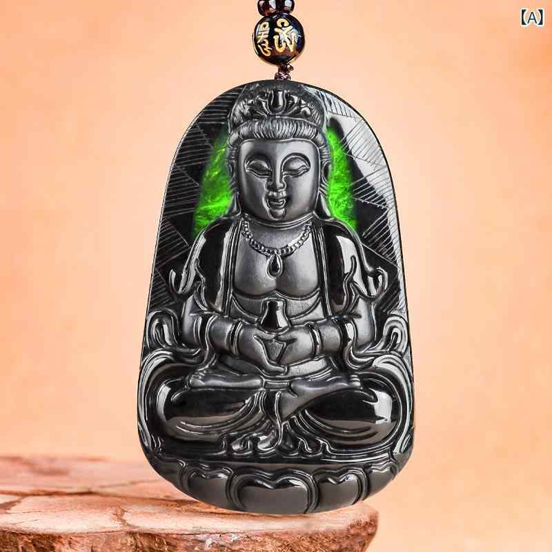 ネックレス メンズ 天然 A貨 翡翠 墨翡 黒翡翠 氷種 浄瓶観音菩薩 仏像 彫刻 ペンダントトップ お守り 開運 アジアン