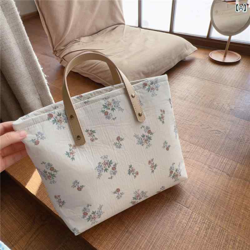 バッグ レディース レトロ カジュアル 小花柄 手提げ トート 鞄 コットン 綿 マザーズバッグ ミニ スクエア型 デイリーユース 厚手 自立