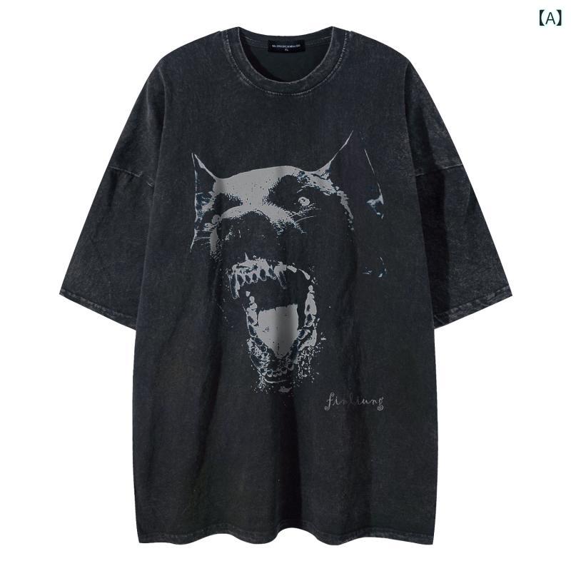 Tシャツ 男女兼用 ユニセックス ドーベルマン プリント ヴィンテージ風 ストリート系 ルーズフィット オーバーサイズ クルーネック 半袖 綿 コットン 通気性 春夏