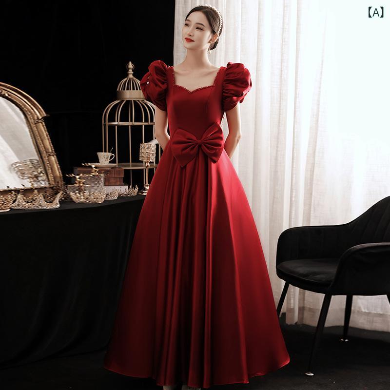 ロングドレス レディース 女性用 パフスリーブ Aライン ハイウエスト 結婚式 披露宴 二次会 イブニングドレス 発表会 演奏会 お呼ばれ ワインレッド 上品 エレガント フォーマル ポリエステル 秋冬|ラ・グラーヌ