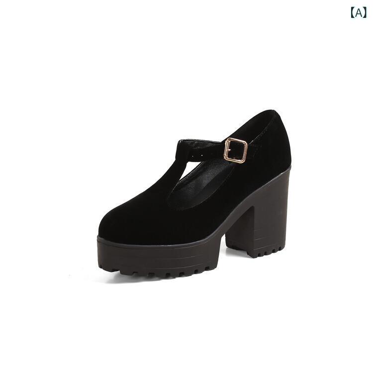 シューズ レディース T字ストラップ メリージェーン 太ヒール チャンキーヒール ハイヒール パンプス 厚底 プラットフォーム ラウンドトゥ スエード調 マイクロファイバー 大きいサイズ 春秋 ブラック ブルー