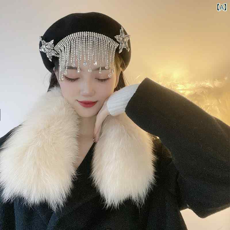 ベレー帽 レディース 女性用 ブラック カシミヤ 羊毛 韓国風 ラインストーン フリンジ タッセル エレガント 上品 高級感 オシャレ ファッション アーティスト帽 画家帽 小顔効果 小顔見せ 保温 防寒 防風 秋冬