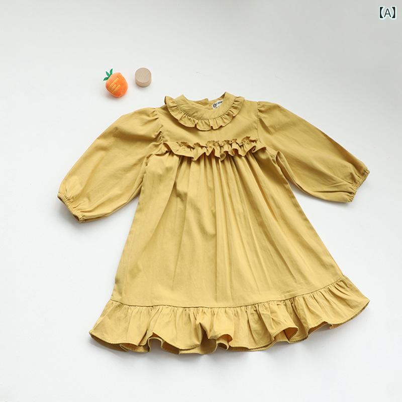 ワンピース 女の子 韓国風 Aライン ドール風 フリル レース 長袖 ロング丈 プリンセス かわいい コットン 綿 春夏 UVカット イエロー 普段着 お出かけ