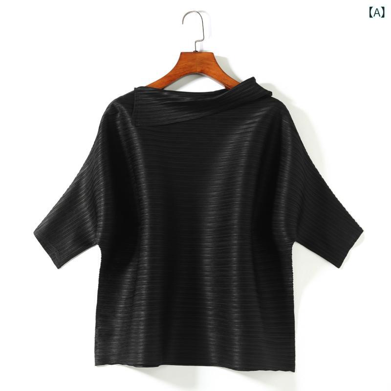 Tシャツ レディース 春夏 プリーツ スカーフデザイン 斜め襟 五分袖 ゆったり ストレッチ ショート丈 シンプル きれいめ 大人カジュアル ポリエステル 黒 紫 青