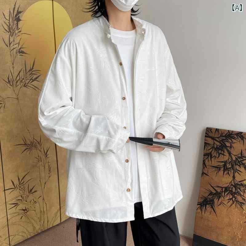 トップス メンズ 中国風 レトロ ゆったり 長袖 大きいサイズ 唐装 中山装 盤扣 スタンドカラー ブラウス 羽織り チャイナボタン 立ち襟 ポリエステル 春夏