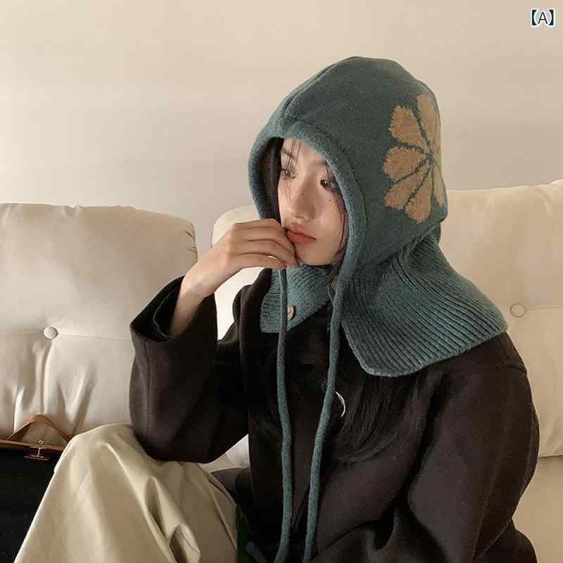 ニット帽 レディース 女性用 冬 防寒 保温 暖かい 韓国風 花柄 ネックウォーマー一体型 耳当て付き ペア カジュアル 防風
