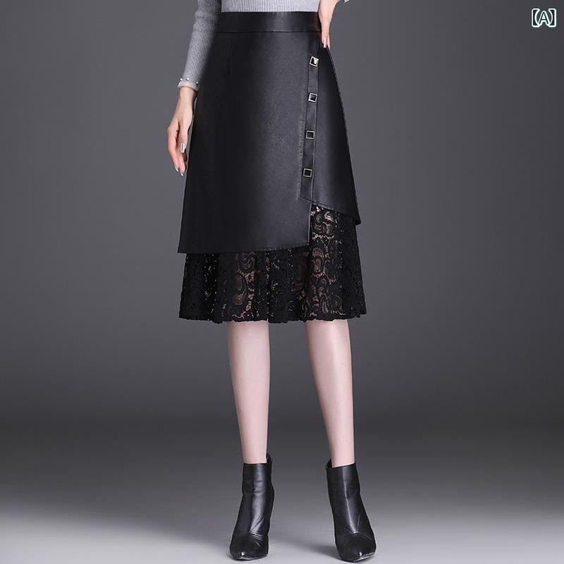 スカート レディース レース 切り替え Aライン レザースカート ミディ丈 ストレート タイト 秋冬 ポリエステル ブラック 通勤 オフィス きれいめ 微ストレッチ