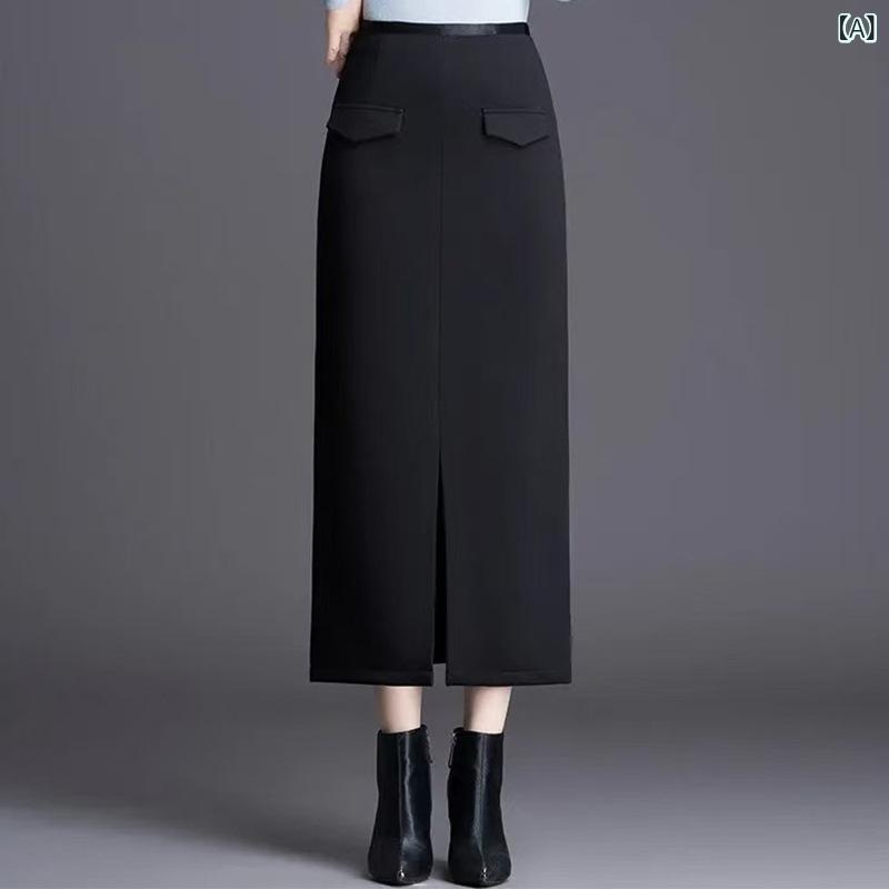 スカート レディース 秋冬 ストレート タイトスカート ハイウエスト スリット入り エレガント 上品 ドレープ感 ポリエステル ストレッチ 通勤 オフィス フォーマル ミモレ丈 ロング丈 黒 赤 4,363円