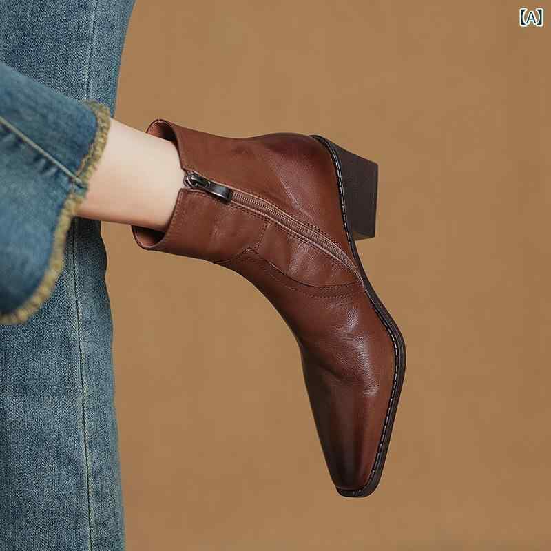 ショートブーツ レディース フレンチ レトロ チャンキーヒール 秋冬新作 ウエスタン 美脚 スクエアトゥ 高ヒール サイドジップ 裏ボア ゴム底 ブラウン ブラック｜ラ・グラーヌ 9,649円
