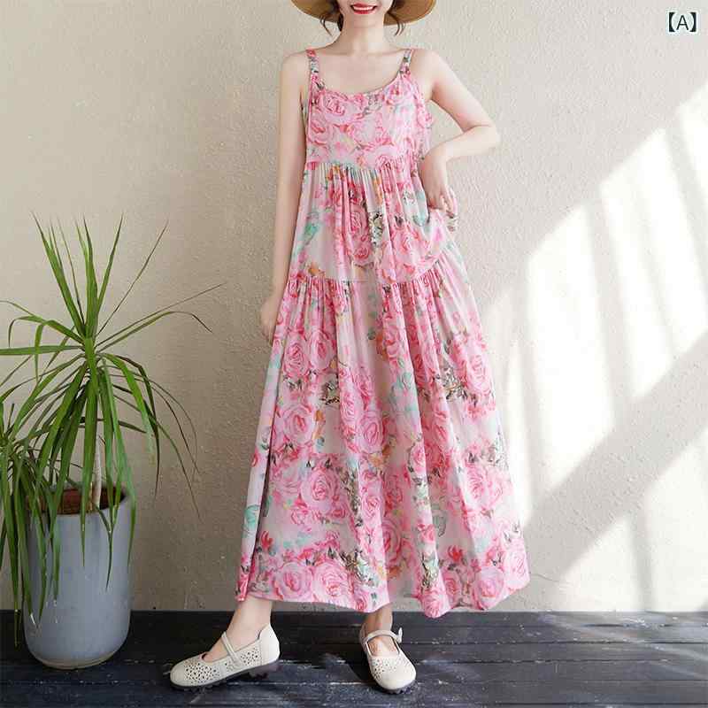 ワンピース レディース 春夏 綿麻 花柄プリント 薄手 切り替え キャミソール Uネック ノースリーブ ゆったり 体型カバー フレア ティアード レトロ カジュアル ロングドレス