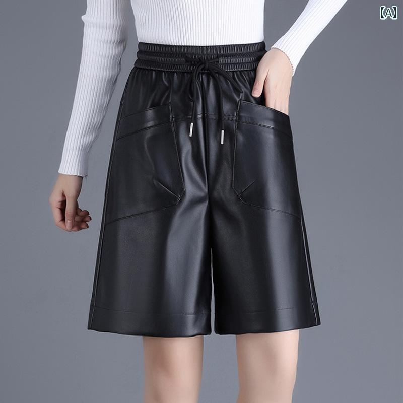 ハーフパンツ キュロット レディース PUレザー 合皮 着痩せ 細見え ワイドシルエット ストレッチ 五分丈 ブラック 秋冬 カジュアル 通勤 オフィス