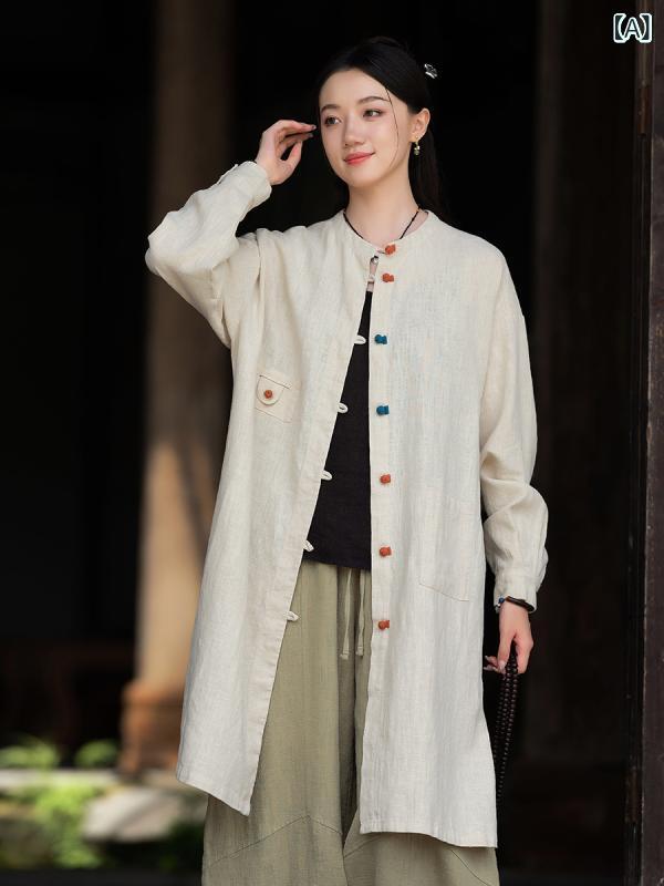 シャツ レディース 春夏 綿麻 ラミー混 スタンドカラー レトロ 大人カジュアル 配色 チャイナボタン 砂洗い加工 ゆったり 長袖 ミドル丈 トップス 羽織り ベーシック リネンカラー イエロー系 パープル系