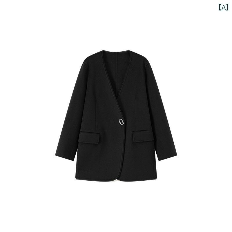 厚地の外套 アウター レディース お上さん用 ダブル人間の顔 カシミール 羊毛 Vのど首 テーラード ミニマル うつり変わり青写真 引っ切り無い影ぼうし 無地 秋冬 通い 執務室