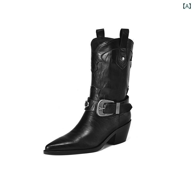 ウエスタンブーツ レディース カウボーイブーツ 女性用 ポインテッドトゥ ベルトバックル チャンキーヒール 太ヒール レザー ショートブーツ ミドル丈 レトロ ヴィンテージ カジュアル 個性的 秋冬 ブラック ブラウン｜ラ・グラーヌ