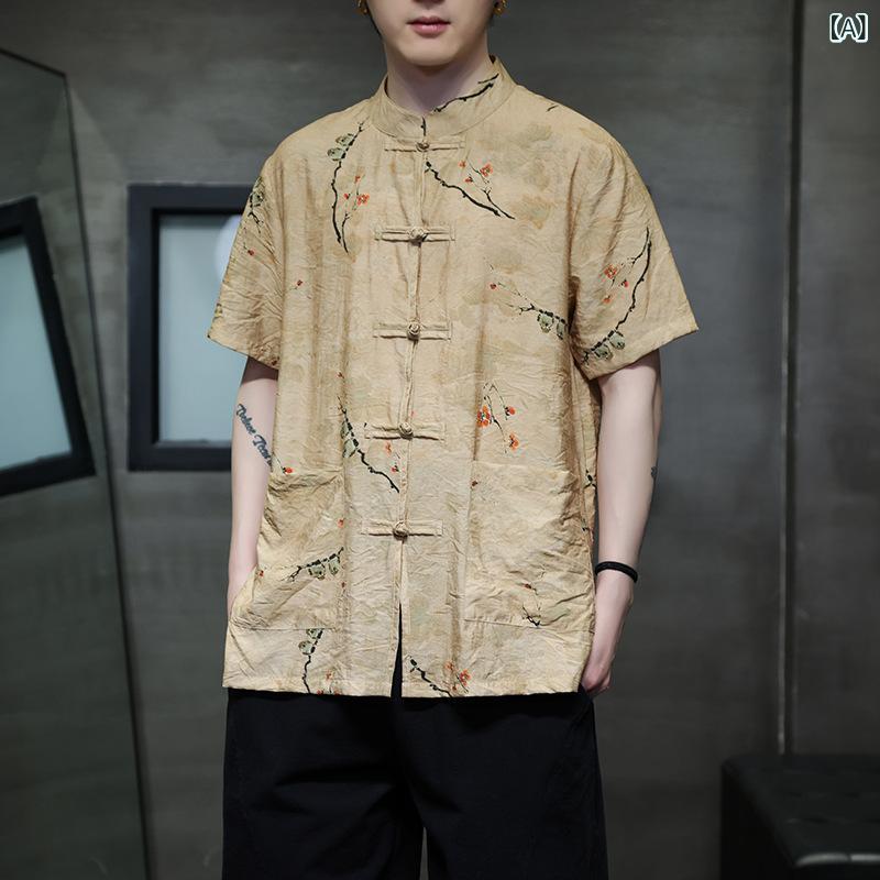 漢服 メンズ レトロ 中国風 カジュアル 春夏 半袖 五分袖 シャツ Tシャツ 唐装 ポリエステル ゆったり 大きいサイズ 梅竹柄