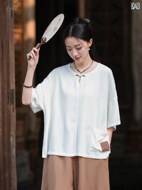 Tシャツ レディース コットンリネン 麻混 春夏 レトロ クラシカル 丸首 ラウンドネック 半袖 チャイナボタン サンドウォッシュ 薄手 切り替え ゆったり カジュアル トップス ブラウス カットソー 白 黄色 ベージュ