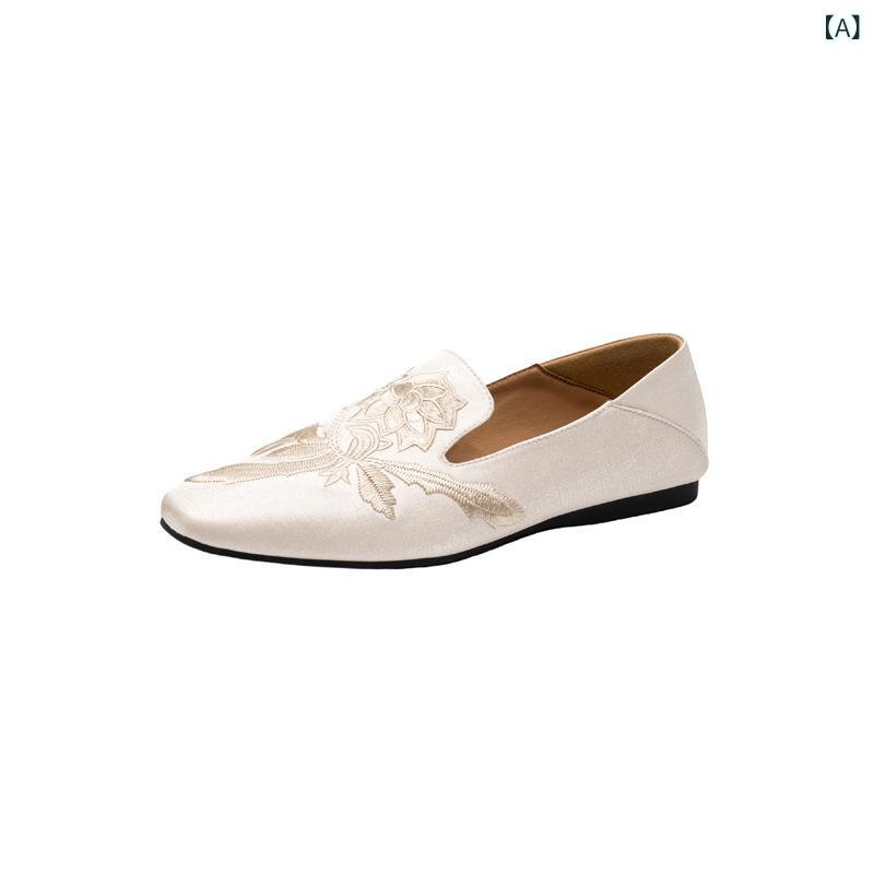 置き目毛皮 レディース お上さん用 新中華風 刺・墸 花柄 レトロ 古典派音楽 スクエアトゥ 置き目踵 スリッポン 2WAY かかとが踏める 履き分かりやすい 普段使い走り 繻子 なめし革 靴 ベージュ系 黒いこと
