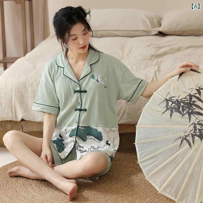 パジャマ レディース カップ付き 半袖 ショートパンツ Vネック レトロモダン チャイナ風 高級感 ルームウェア 接触冷感 通気性 伸縮性 快適 ワンマイルウェア 夏