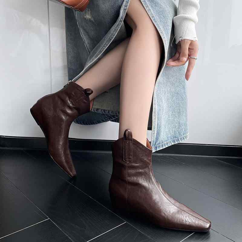 チェルシーブーツ レディース 女性用 厚底 シークレットヒール ウエスタンデザイン ポインテッドトゥ Vカット ミドルヒール ウェッジソール アンクル丈 通勤 普段使い カジュアル 秋冬 ブラック ベージュ ブラウン マイクロファイバー レザー調