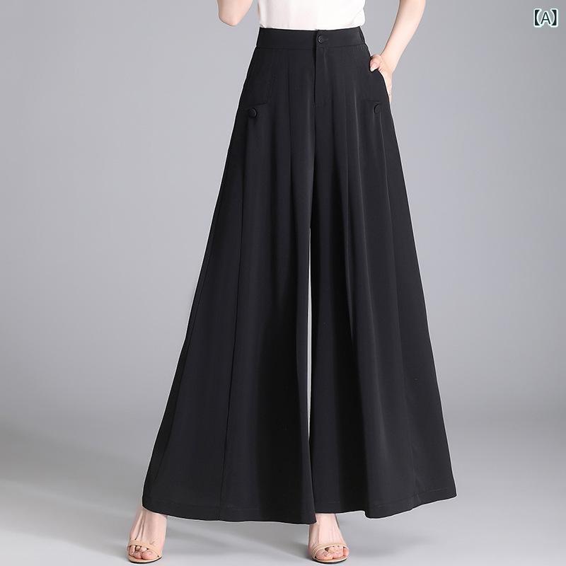 ワイドパンツ レディース 上品 シンプル 通勤 ガウチョパンツ ハイウエスト ゆったり フレア カジュアル 春夏 ポリエステル 微ストレッチ ブラック ポケット付き