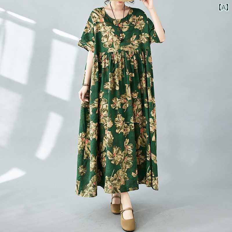 ワンピース レディース 韓国風 ゆったり オーバーサイズ 体型カバー ロング丈 五分袖 クルーネック プリント 花柄 グリーン フレア 綿混 春夏 普段着 カジュアル レトロ 上品