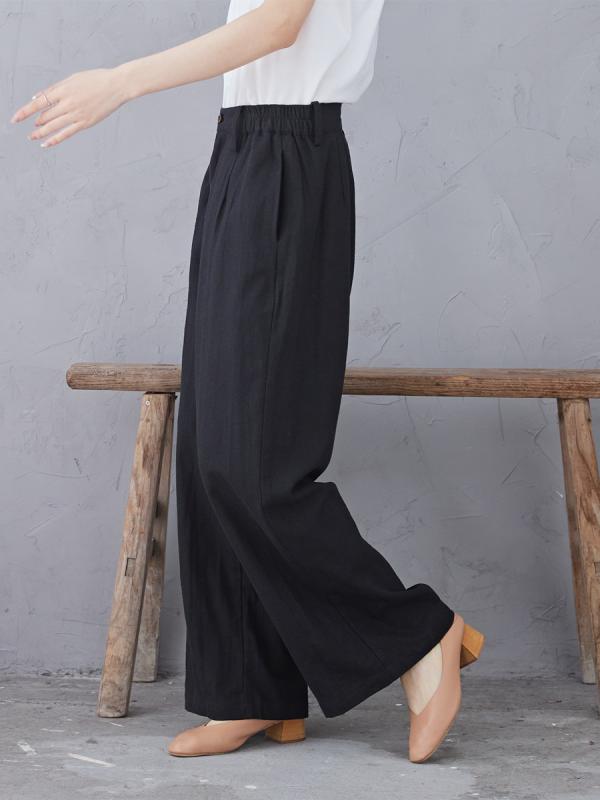 カジュアルパンツ レディース 春夏 リネン 麻 ストレートパンツ バイオウォッシュ加工 ウエストゴム ミドルハイウエスト 着痩せ 体型カバー ゆったり 長丈 大きいサイズ ブラック 黒 きれいめ 通勤 普段使い 中厚手