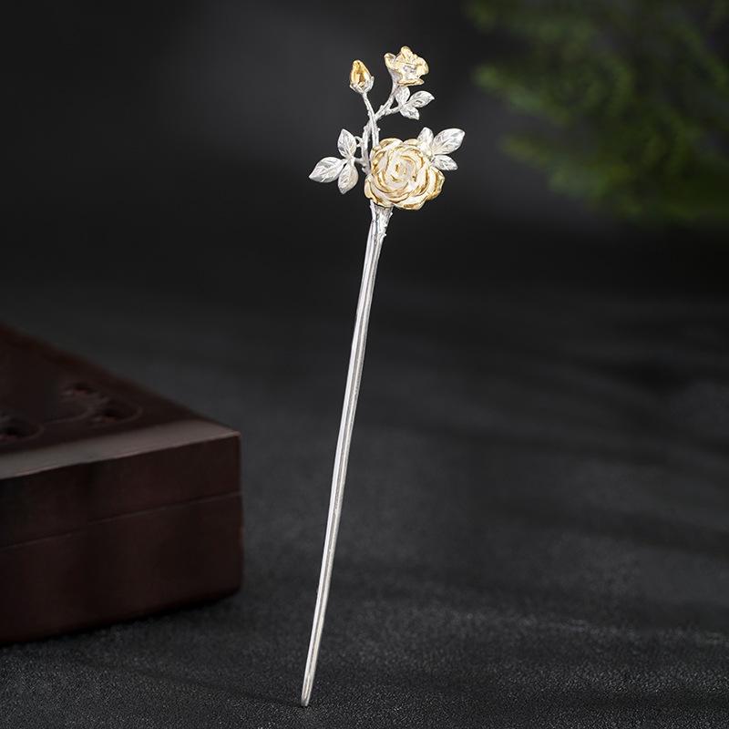 かんざし 925しろがね色 一風変わったひな形 薔薇 花画題 瀬戸もの風 髪飾りつけ 灯し火メッキ工業 御前上等感 普段使い走り 寄り合い 和装 洋装
