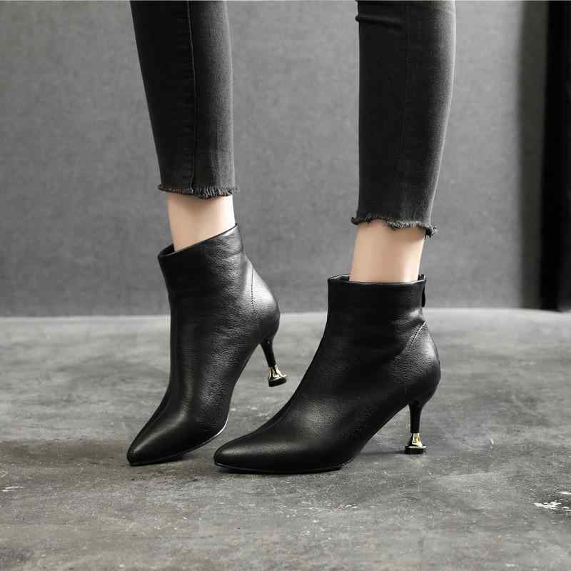 ブーツ レディース 女性用 冬春 ショートブーツ ポインテッドトゥ 細ヒール ハイヒール PUレザー バックジップ 滑り止め 保温 スタイルアップ 通勤 オフィス カジュアル ブラック シンプル