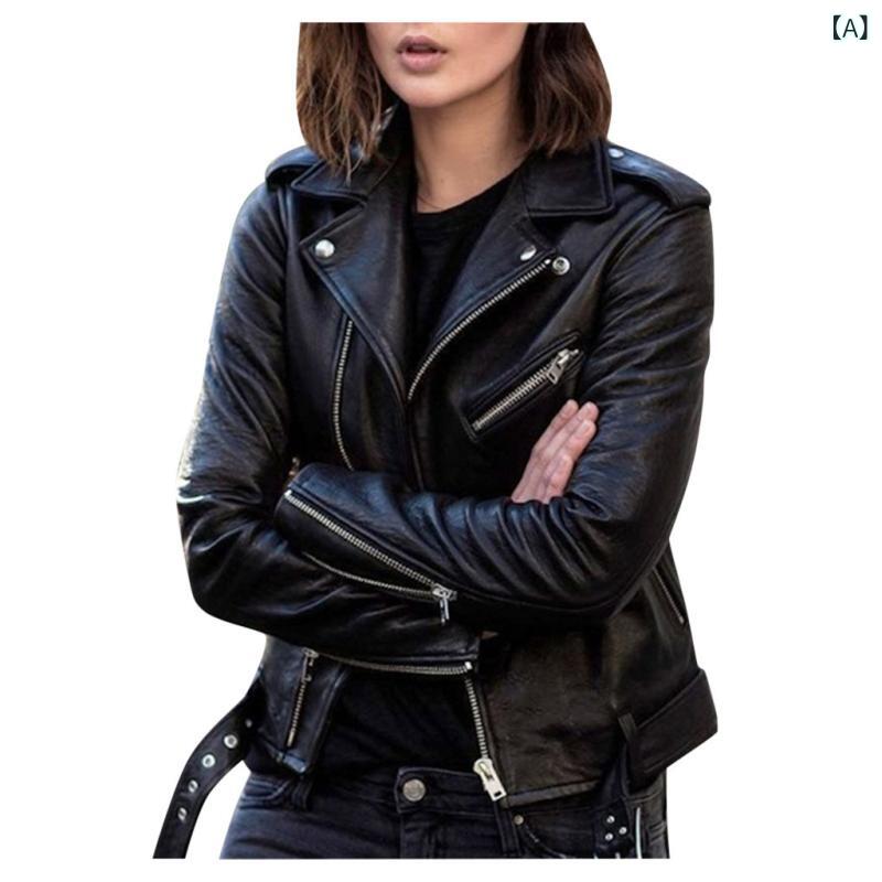 ライダースジャケット レディース 春秋冬 ショート丈 スリムフィット 襟付き フェイクレザー PUレザー 防寒 ジップアップ エポレット ストリートカジュアル ブラック