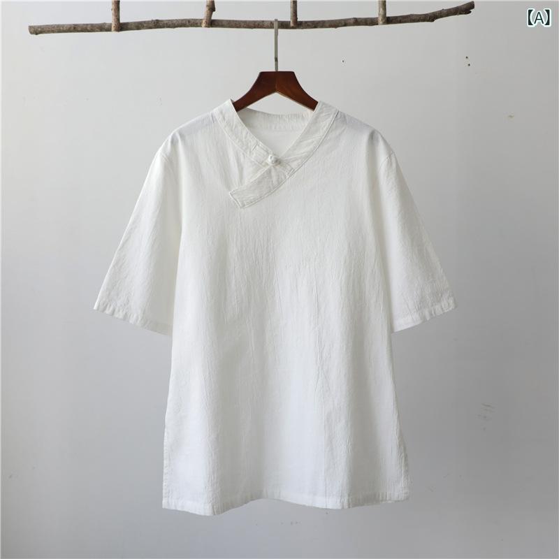 Tシャツ レディース 綿麻 コットンリネン 春夏 中華風 国風 レトロ Vネック 盤扣 半袖 ゆったり トップス カットソー 茶服 瞑想 普段使い カジュアル リラックスウェア 白 ワインレッド 紺 4,681円