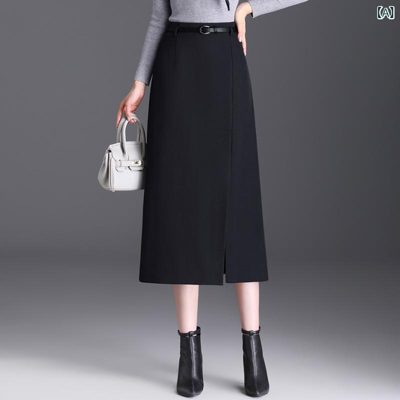 スカート レディース ストレート タイト ミディ丈 ポリエステル 切り替え カジュアル テーラード風 韓国ファッション ドレープ ヒップカバー 細見え 微ストレッチ 通勤 オフィス 普段使い 上品 秋冬 ブラック グレー