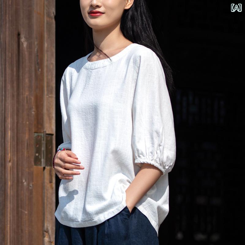 Tシャツ レディース 綿麻 リネン ラウンドネック パフスリーブ プルオーバー 半袖 文芸風 レトロ 若見え 切り替え ゆったり トップス シャツ 春夏